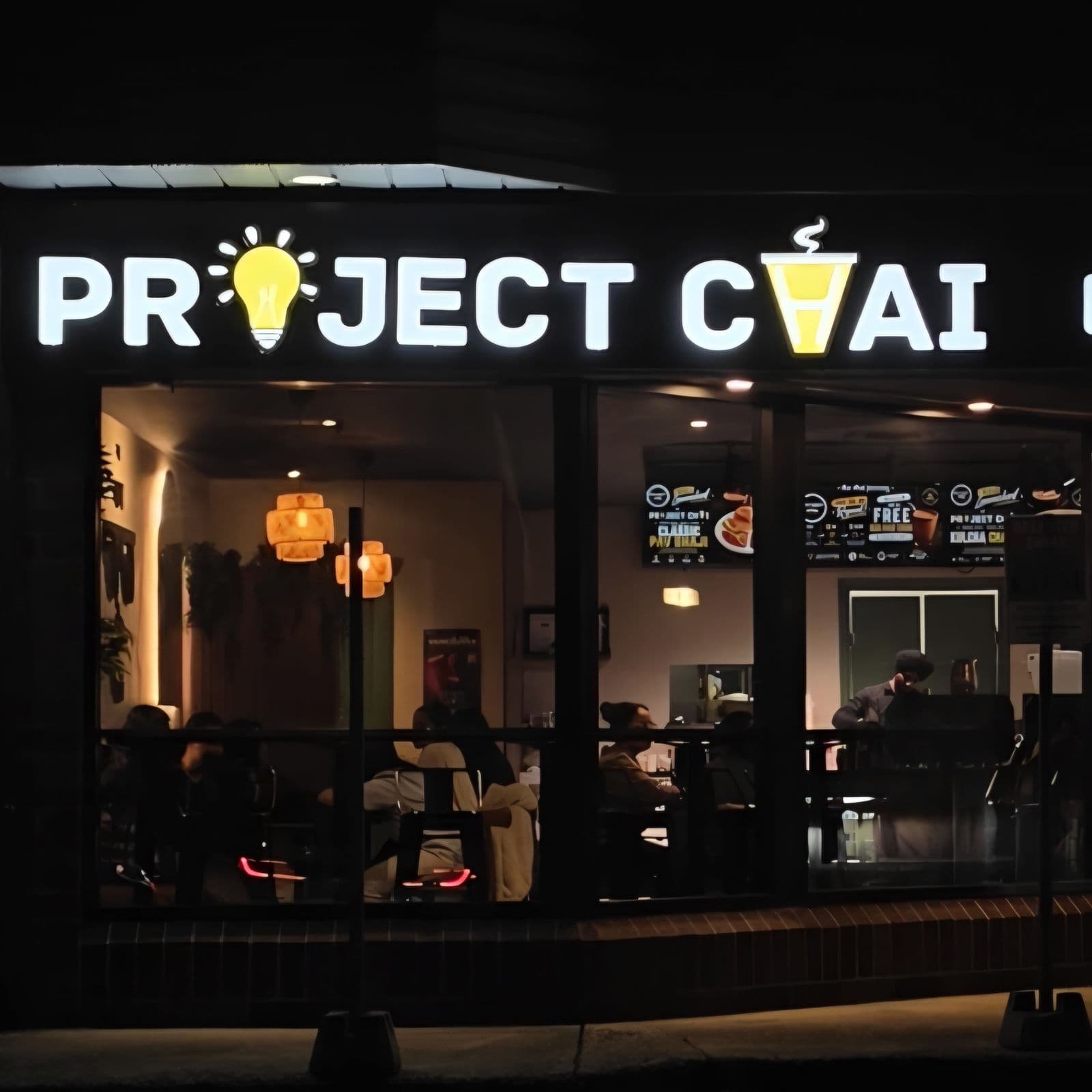 Project Chai at night, seen from the street: the lit sign above the windows and guests inside.